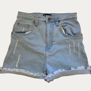 PrettyLittleThing High Rise light wash denim shorts